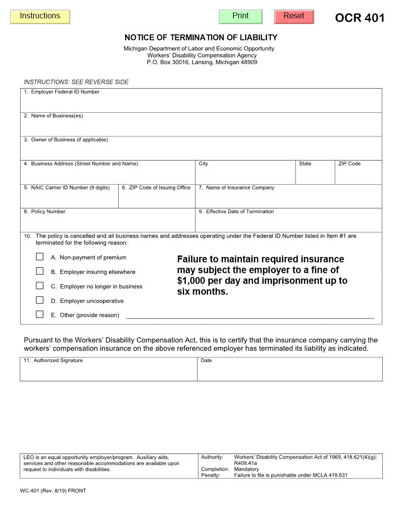 Notice Of Termination Of Liability {WC-401} | Pdf Fpdf Doc Docx | Michigan
