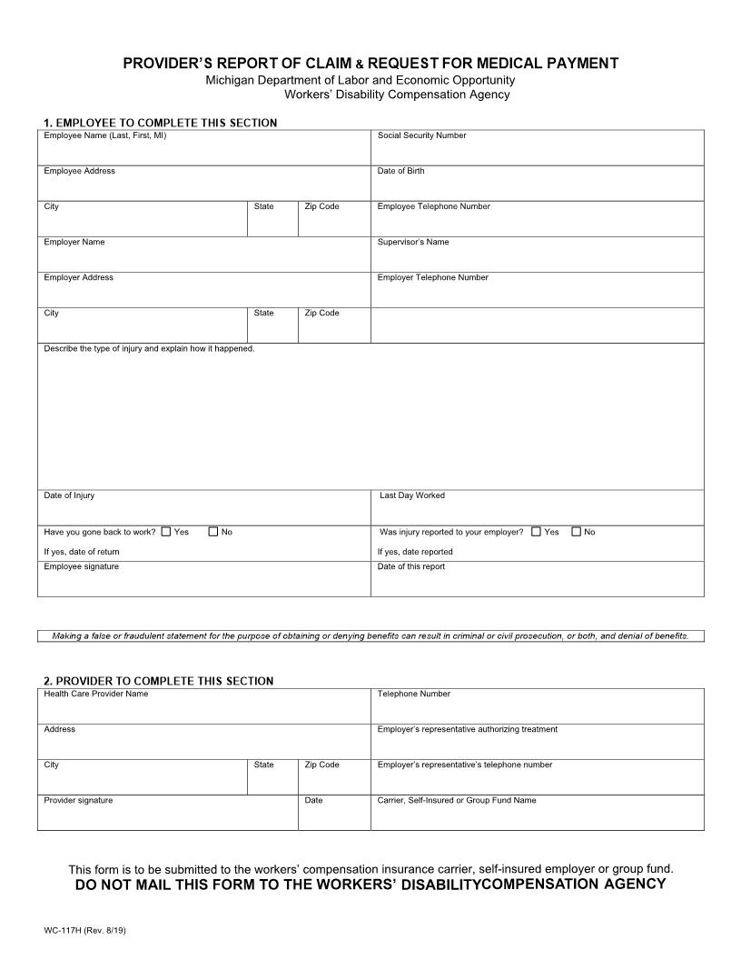 Providers Report Of Claim And Request For Medical Payment {WC-117H} | Pdf Fpdf Doc Docx | Michigan