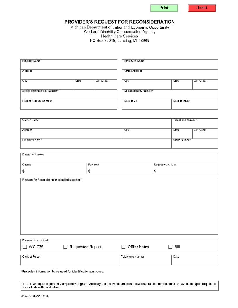 Providers Request For Reconsideration {WC-750} | Pdf Fpdf Doc Docx | Michigan