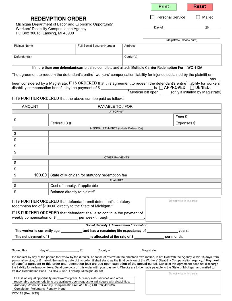 Redemption Order {WC-113} | Pdf Fpdf Doc Docx | Michigan