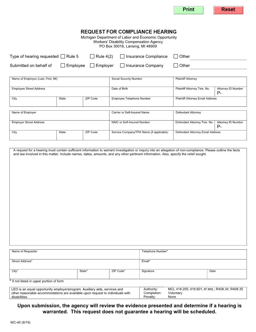 Request For Compliance Hearing {WC-40} | Pdf Fpdf Doc Docx | Michigan