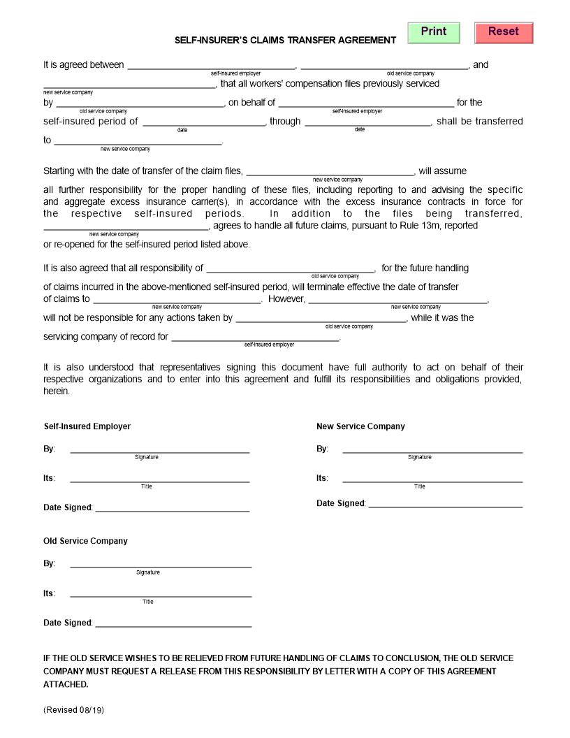 Self Insurers Claims Transfer Agreement | Pdf Fpdf Doc Docx | Michigan