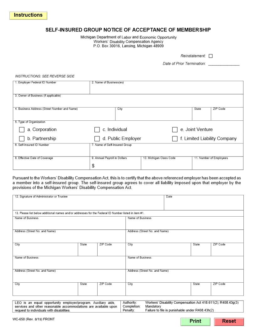 Self-Insured Group Notice Of Acceptance Of Membership {WC-650} | Pdf Fpdf Doc Docx | Michigan
