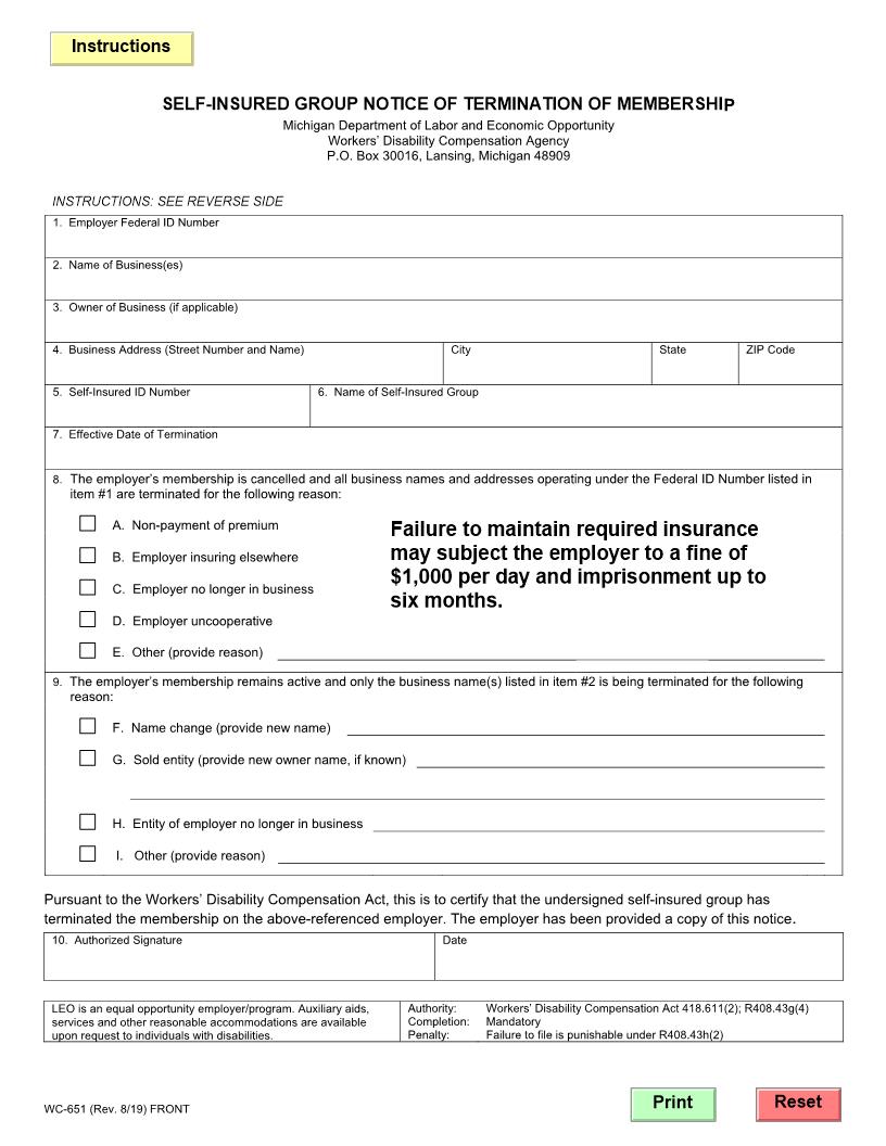 Self-Insured Group Notice Of Termination Of Membership {WC-651} | Pdf Fpdf Doc Docx | Michigan