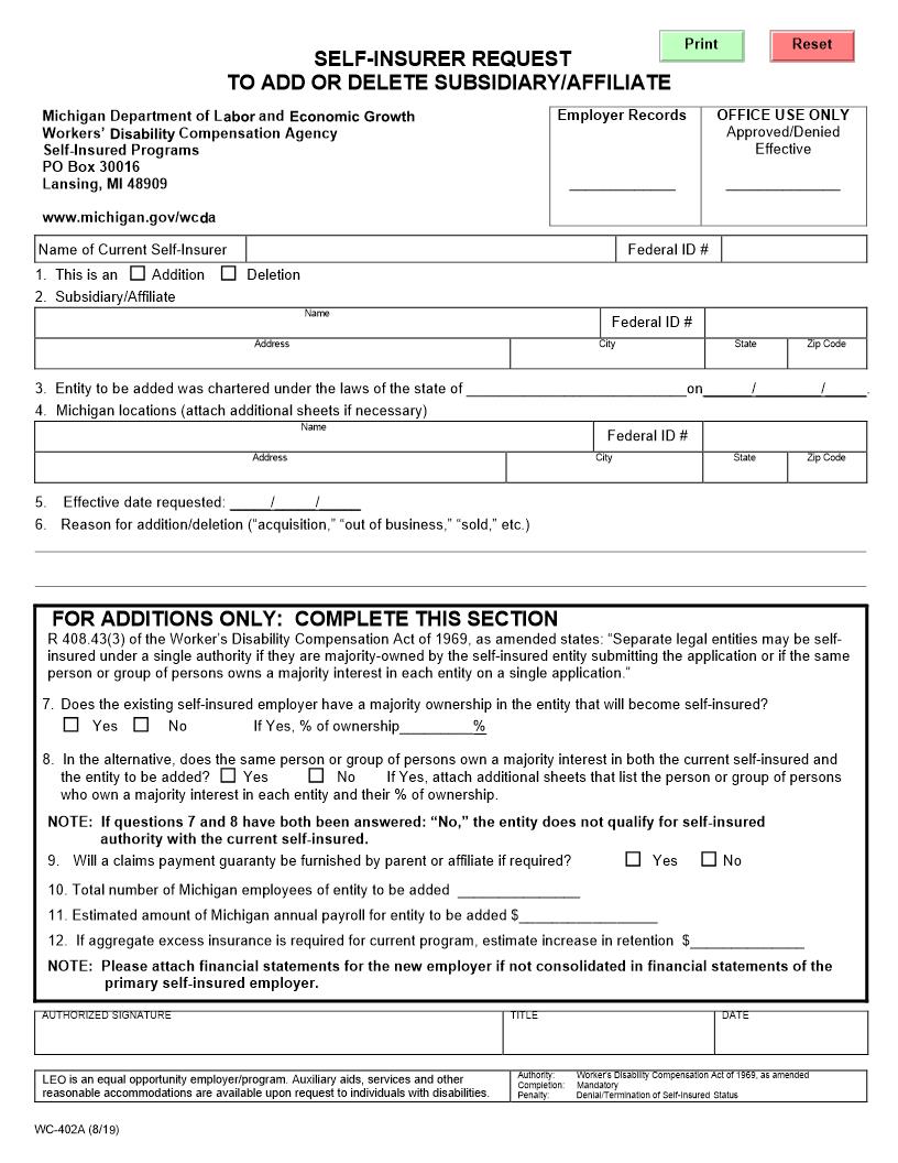 Self-Insurer Request To Add Or Delete Subsidiary Affiliate {WC-402A} | Pdf Fpdf Doc Docx | Michigan