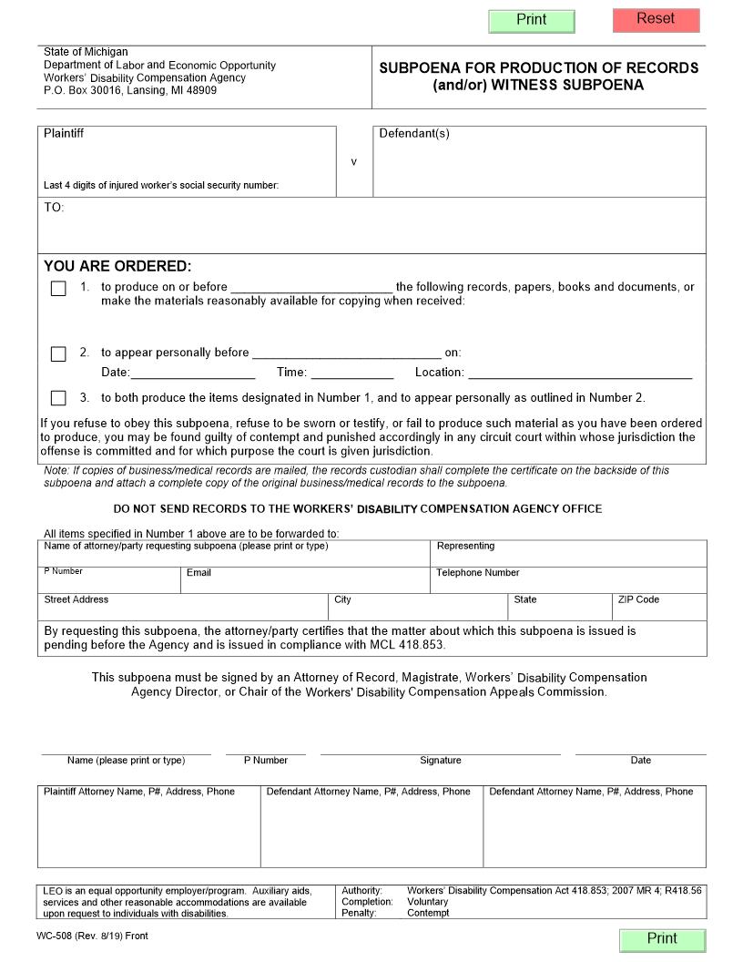 Subpoena For Production Of Records And Or Witness Subpoena {WC-508} | Pdf Fpdf Docx | Michigan