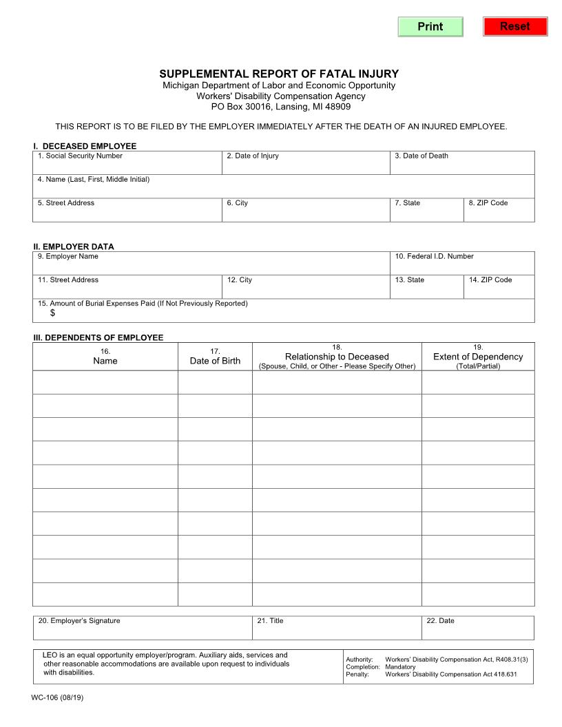 Supplemental Report Of Fatal Injury {WC-106} | Pdf Fpdf Doc Docx | Michigan