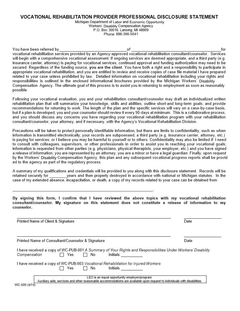 Vocational Rehabilitation Provider Professional Disclosure Statement {WC-500} | Pdf Fpdf Docx | Michigan