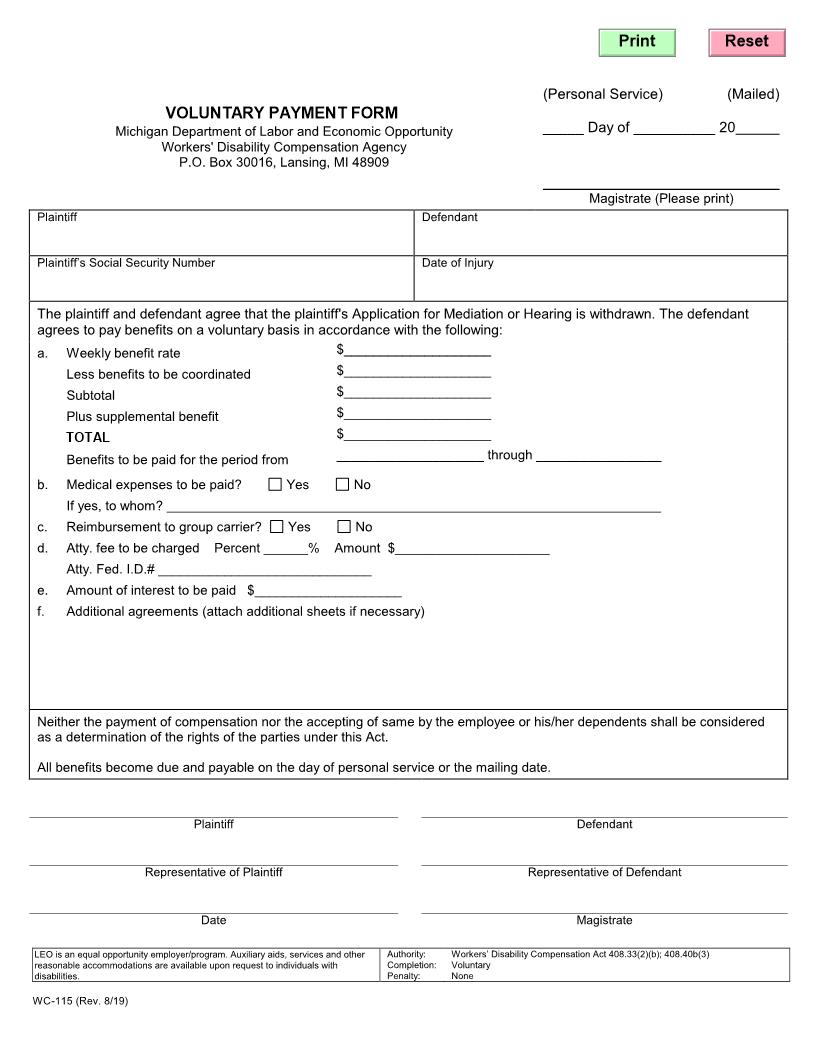 Voluntary Payment Form {WC-115} | Pdf Fpdf Doc Docx | Michigan