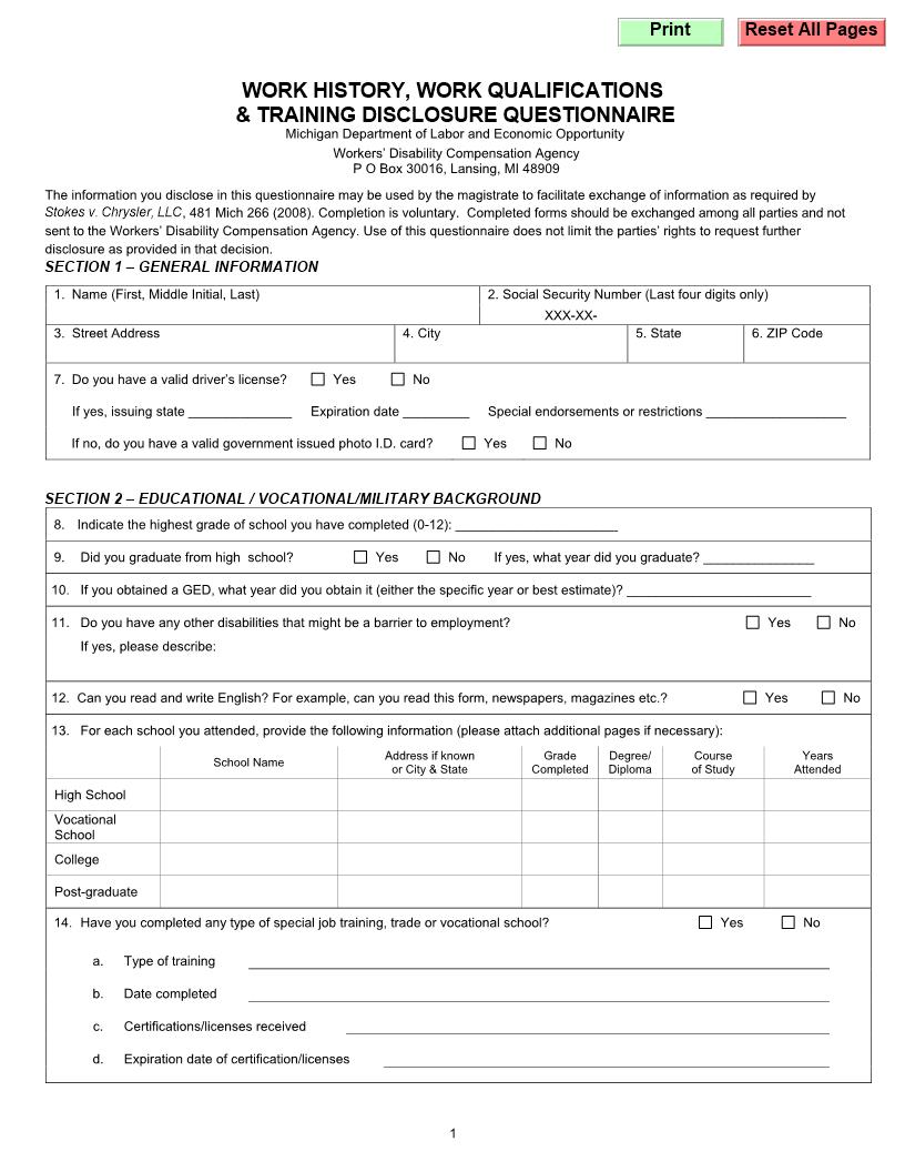 Work History Work Qualifications And Training Disclosure Questionnaire {WC-105A} | Pdf Fpdf Doc Docx | Michigan