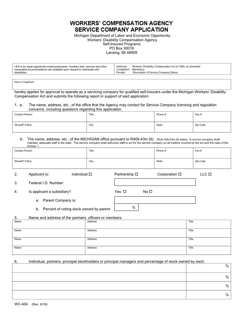Workers Compensation Agency Service Company Application {WC-404} | Pdf Fpdf Doc Docx | Michigan