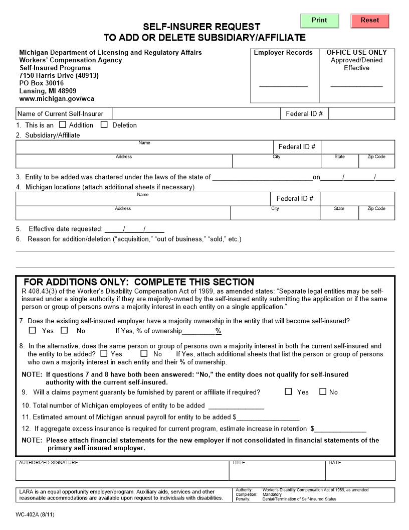 Workers Disability Compensation Self-Insurer Application {WC-402} | Pdf Fpdf Doc Docx | Michigan