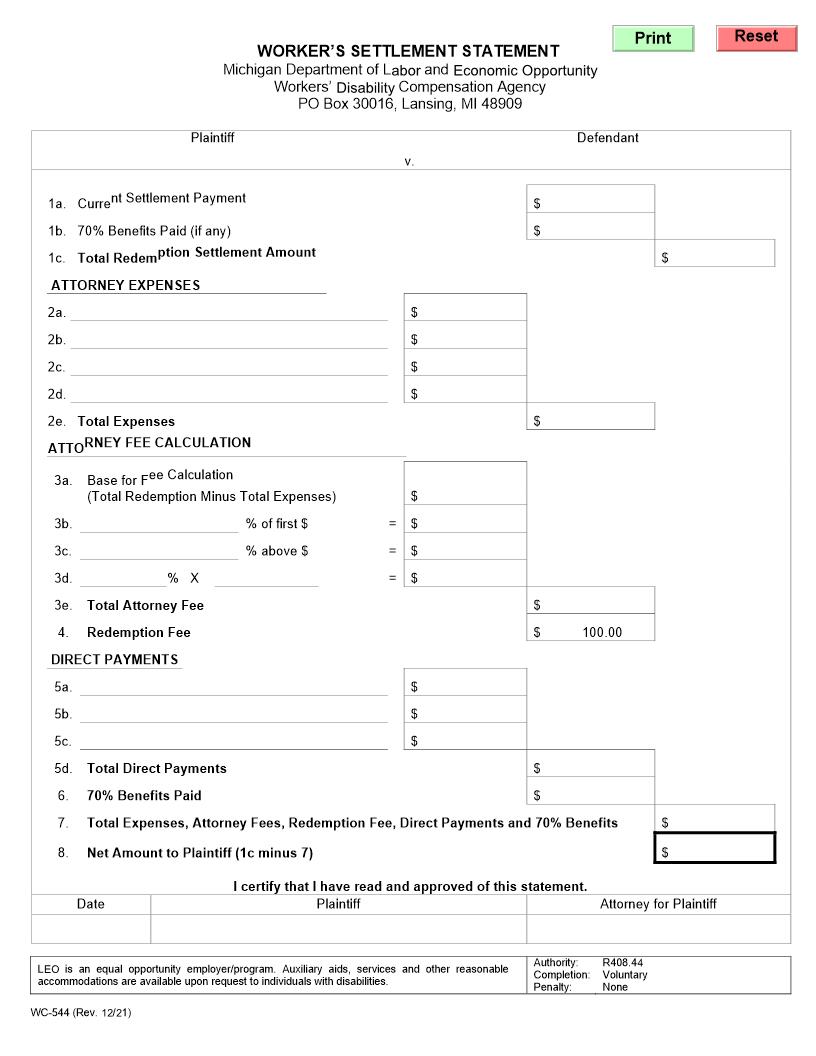 Workers Settlement Statement {WC-544} | Pdf Fpdf Doc Docx | Michigan