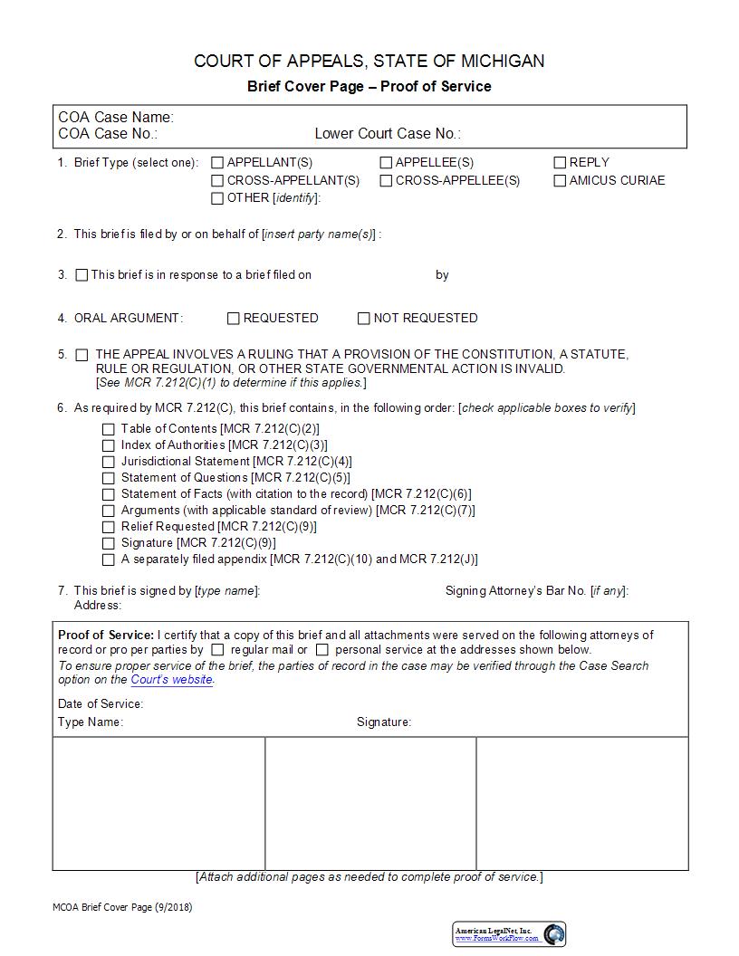 Brief Cover Page Proof Of Service | Pdf Fpdf Docx | Michigan