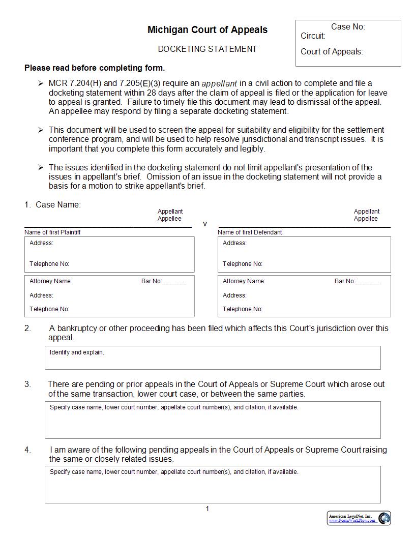 Docketing Statement | Pdf Fpdf Docx | Michigan