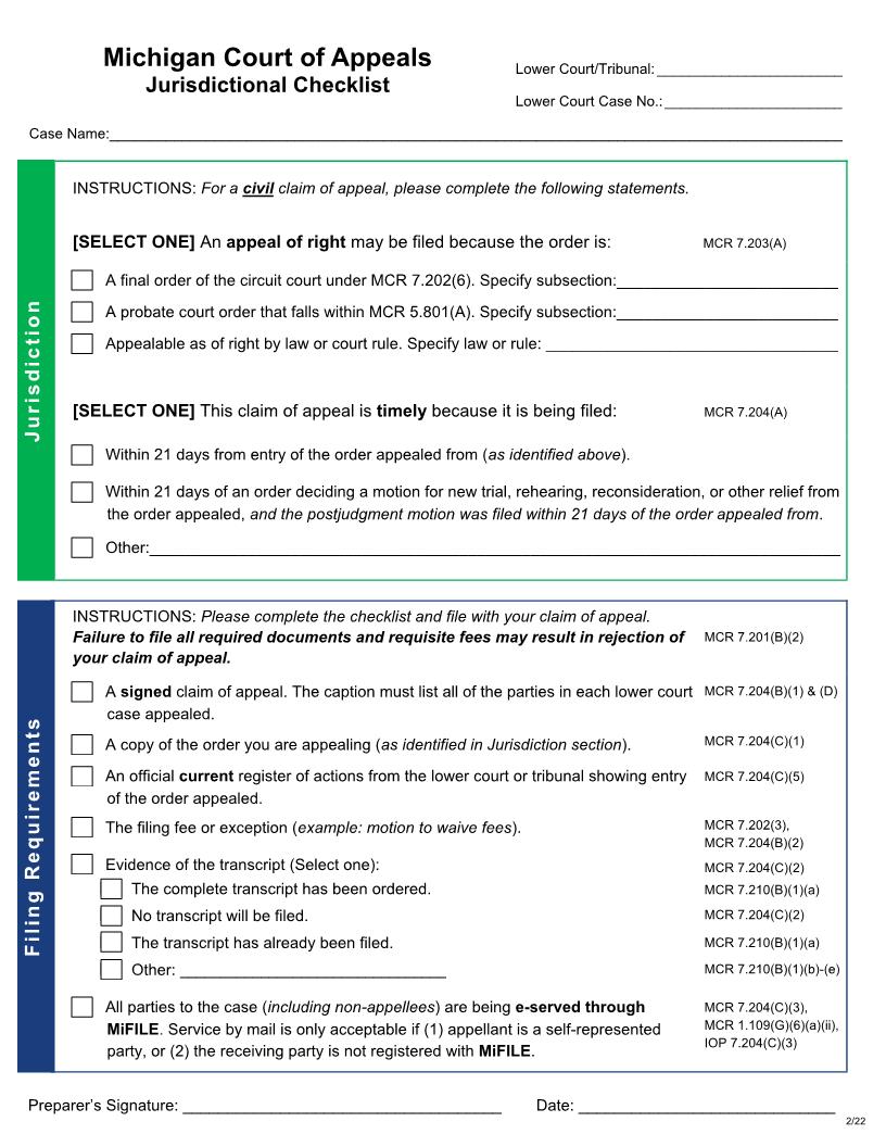 Jurisdictional Checklist | Pdf Fpdf Docx | Michigan