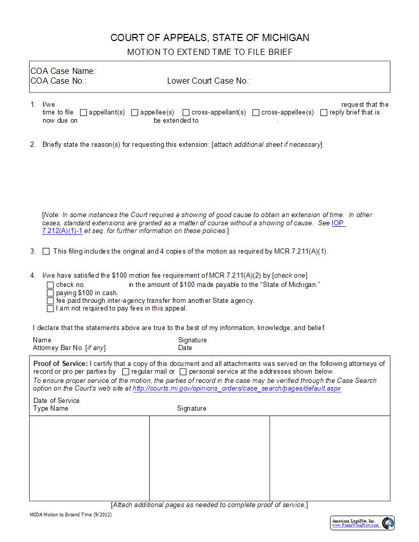 Motion To Extend Time To FIle Brief | Pdf Fpdf Docx | Michigan
