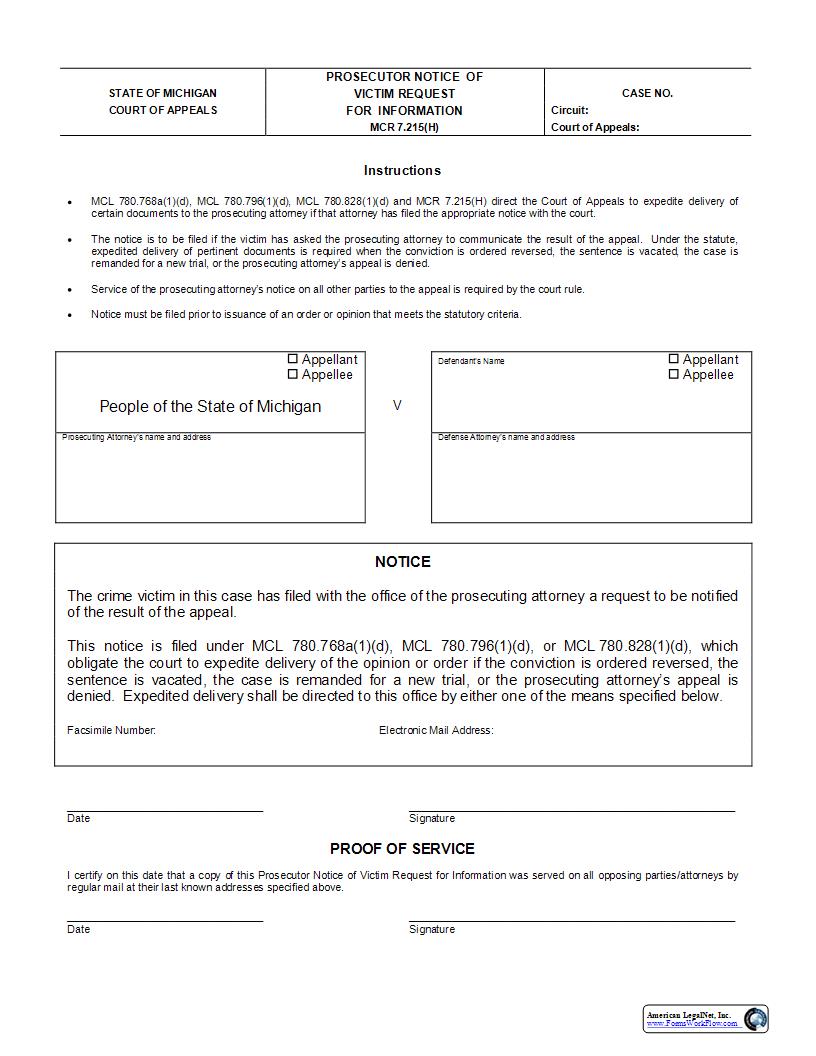 Prosecutor Notice Of Victim Request For Information | Pdf Fpdf Docx | Michigan