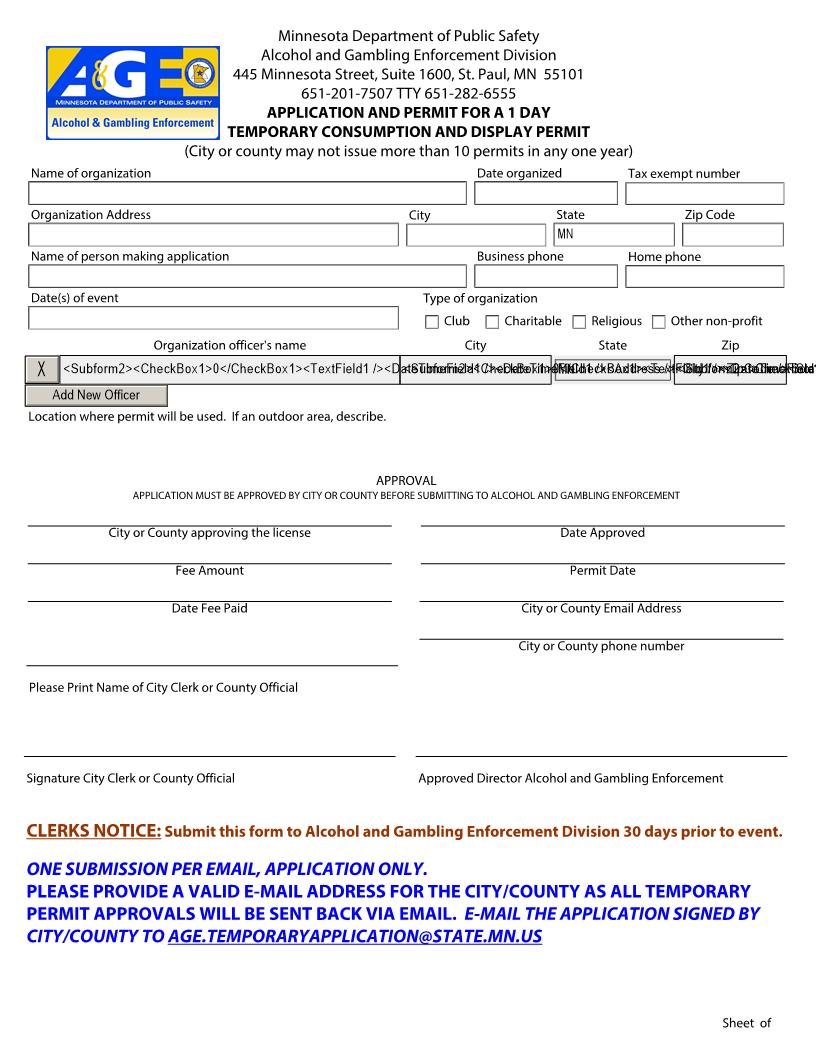 Application And Permit For A 1 Day Temporary Consumption And Display Permit | Pdf Fpdf Doc Docx | Minnesota
