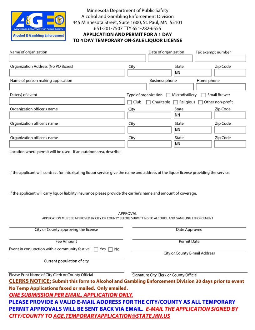 Application And Permit For A 1 To 4 Day Temporary On Sale Liquor License | Pdf Fpdf Docx | Minnesota