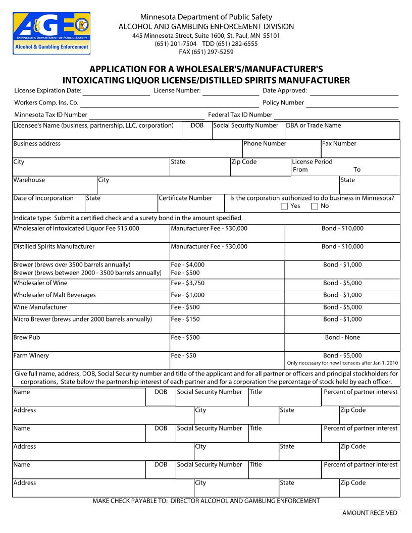 Application For A Wholesalers Manufacturers Intoxicating Liquor License | Pdf Fpdf Doc Docx | Minnesota