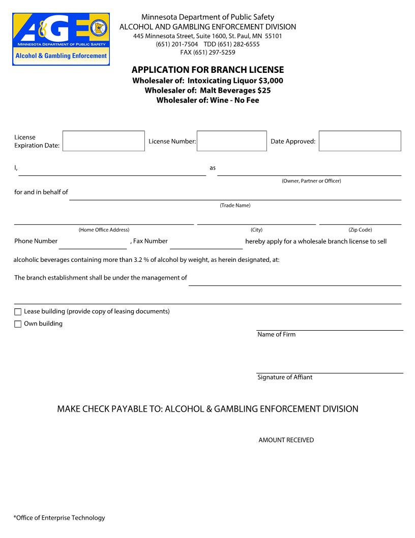 Application For Branch License | Pdf Fpdf Doc Docx | Minnesota