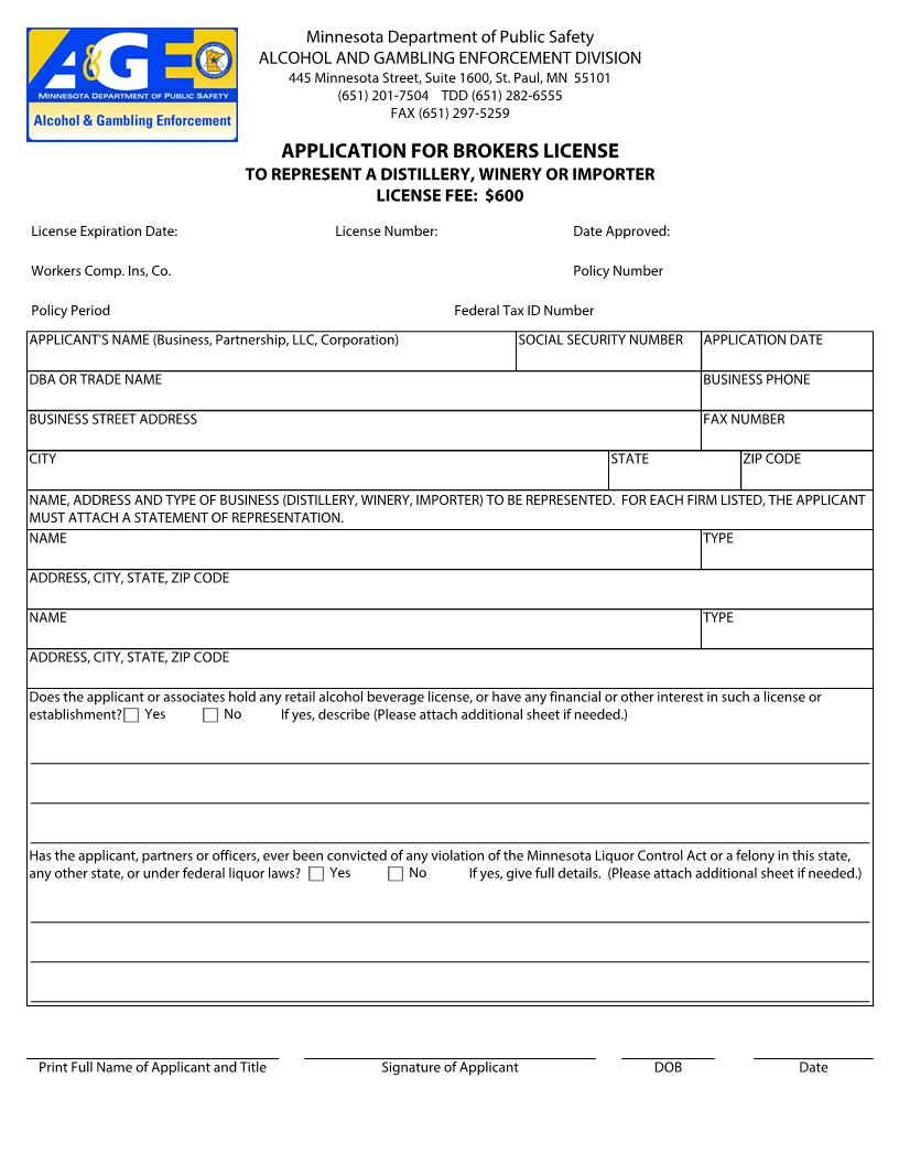 Application For Brokers License To Represent A Distillery Winery Or Importer | Pdf Fpdf Doc Docx | Minnesota