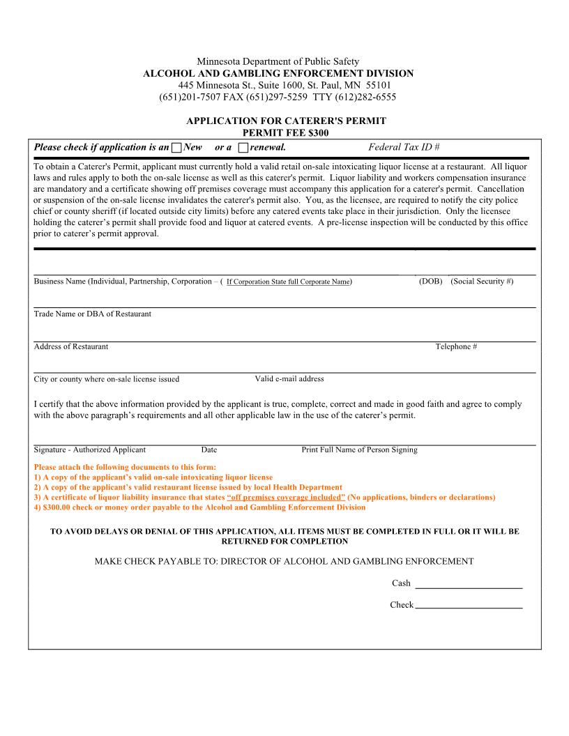 Application For Caterers Permit | Pdf Fpdf Docx | Minnesota