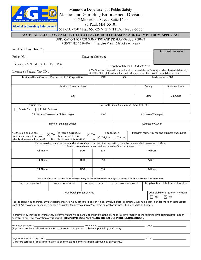 Application For Consumption And Display Permit | Pdf Fpdf Docx | Minnesota