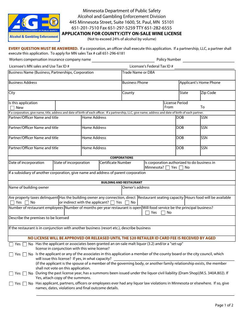 Application For County City On Sale Wine License | Pdf Fpdf Doc Docx | Minnesota