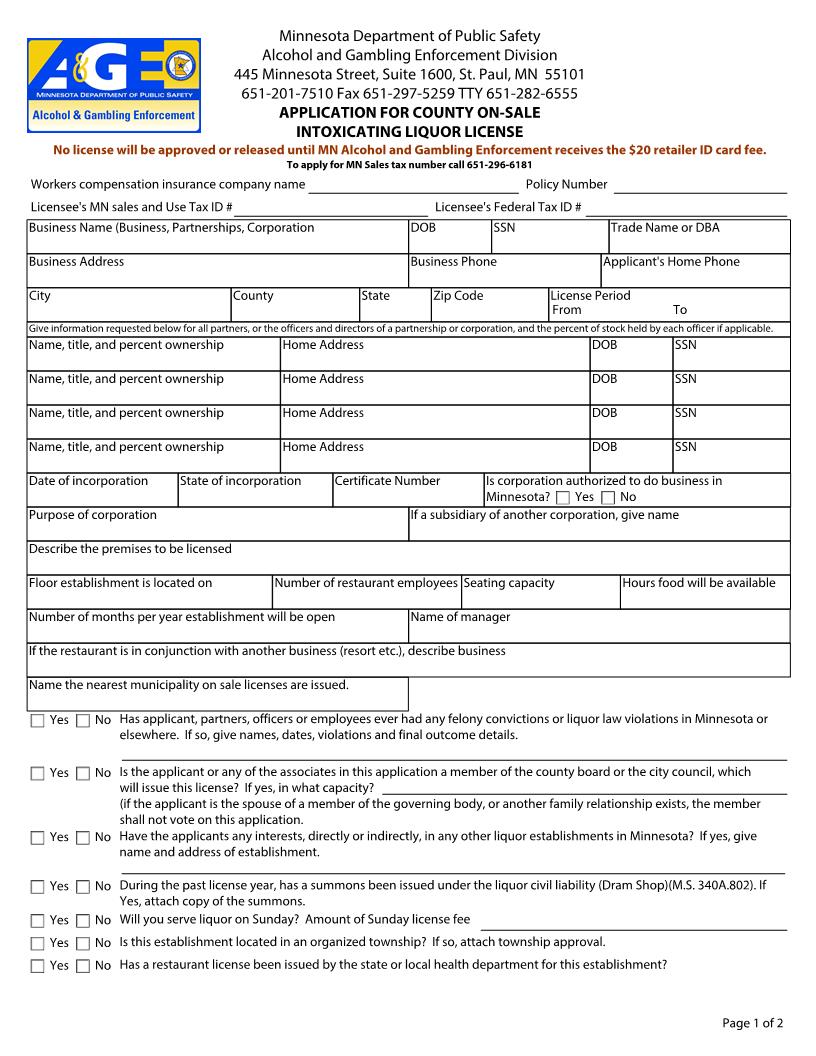 Application For County On Sale Intoxicating Liquor License | Pdf Fpdf Doc Docx | Minnesota
