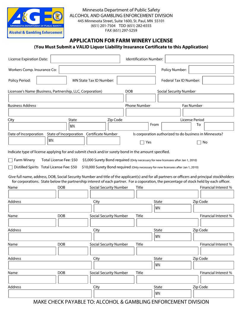 Application For Farm Winery License | Pdf Fpdf Doc Docx | Minnesota