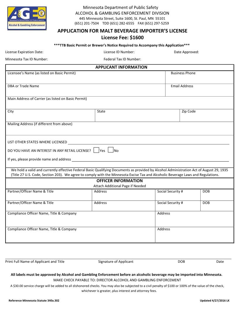 Application For Malt Beverage Importers License | Pdf Fpdf Doc Docx | Minnesota