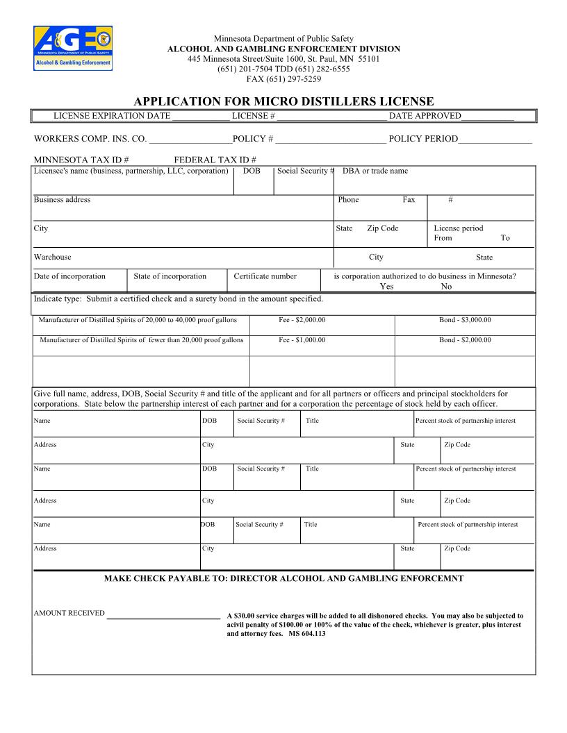 Application For Micro Distillers License | Pdf Fpdf Docx | Minnesota