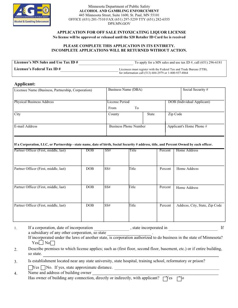 Application For Off Sale Intoxicating Liquor License {PS 9136} | Pdf Fpdf Doc Docx | Minnesota