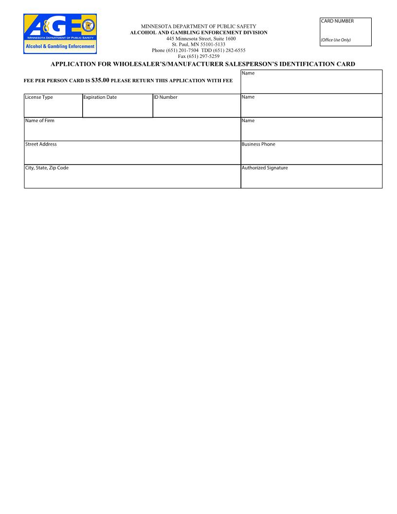 Application For Wholesalers-Manufacture Salesperson Identification Card | Pdf Fpdf Docx | Minnesota