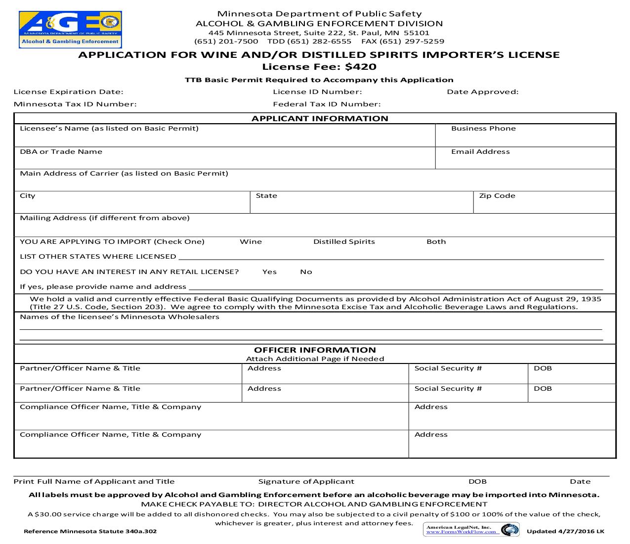 Application For Wine And Or Distilled Spirits Importers License | Pdf Fpdf Doc Docx | Minnesota