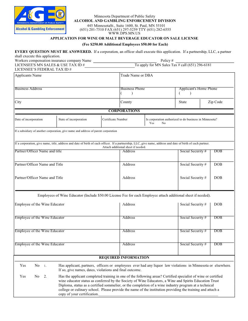 Application For Wine Or Malt Beverage Educator On Sale License | Pdf Fpdf Docx | Minnesota