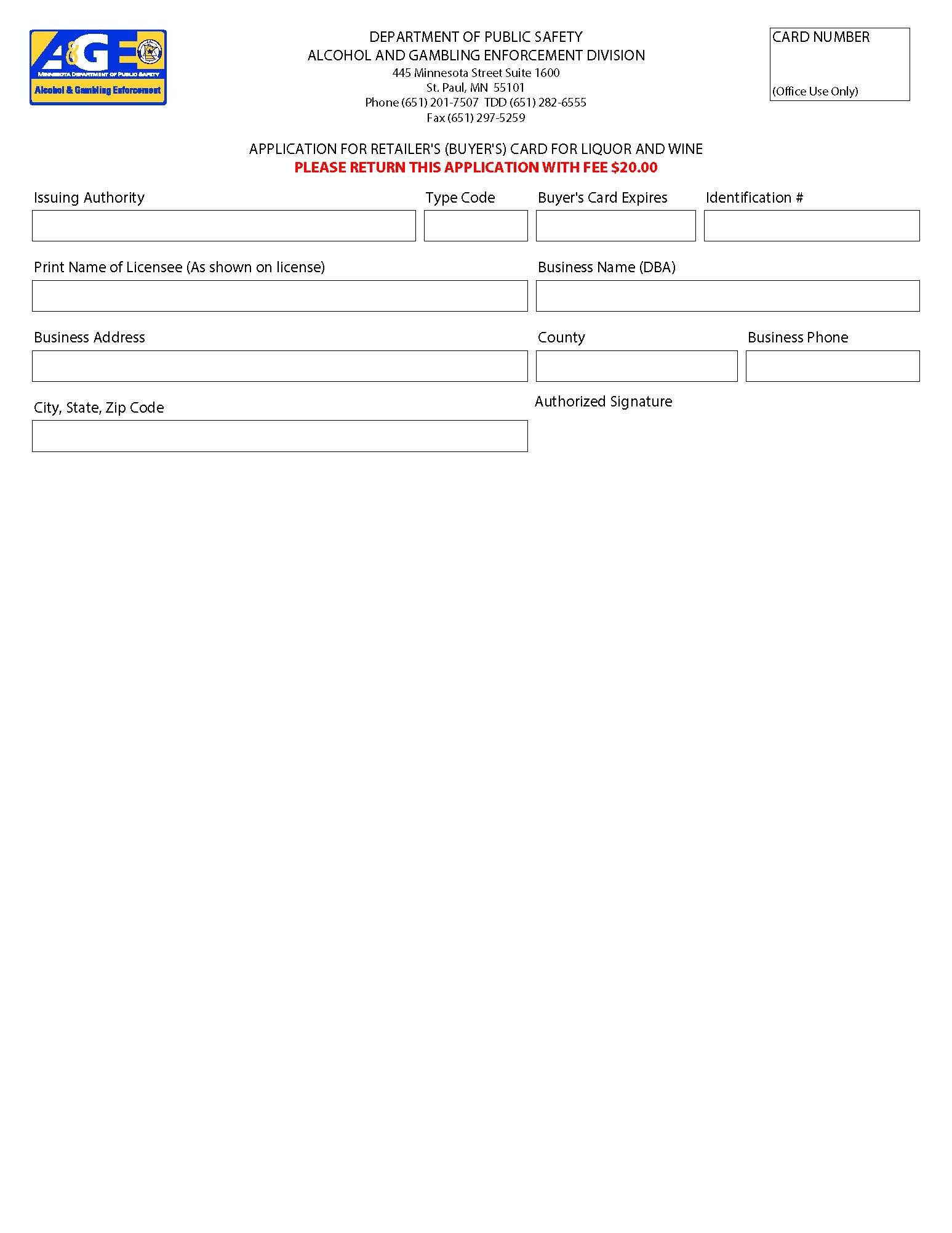 Application for Retailers Buyers Card For Liquor And Wine | Pdf Fpdf Doc Docx | Minnesota