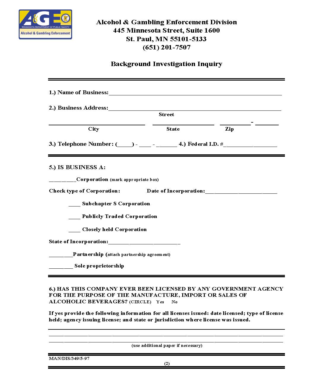 Background Investigation Inquiry | Pdf Fpdf Docx | Minnesota