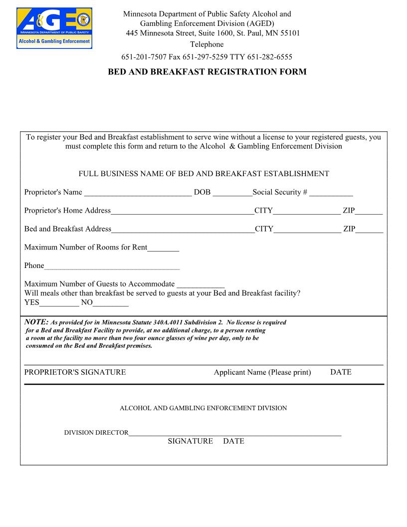 Bed And Breakfast Registration Form | Pdf Fpdf Docx | Minnesota