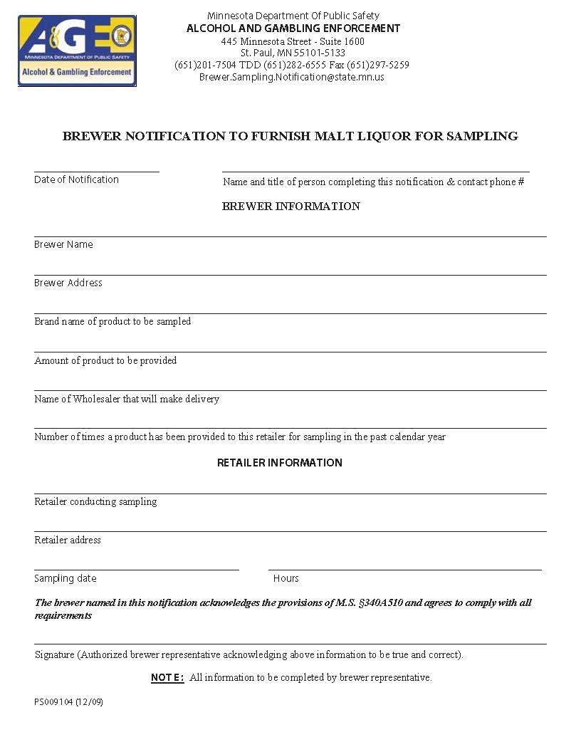 Brewer Notification To Furnish Malt Liquor For Sampling | Pdf Fpdf Doc Docx | Minnesota