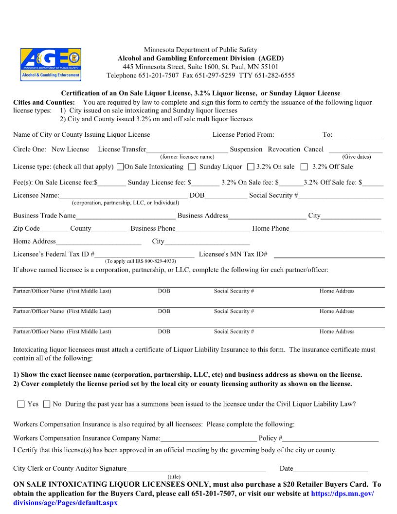 Certification Of An On Sale Liquor License 3.2 Liquor License Or Sunday Liquor License | Pdf Fpdf Docx | Minnesota