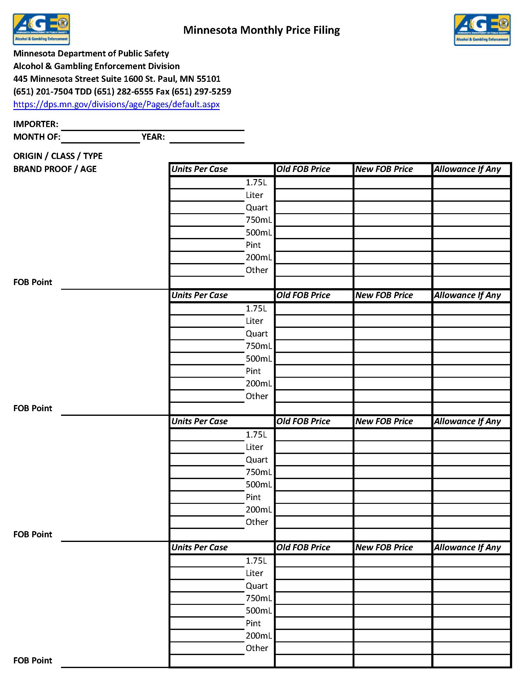 Importer Price Filing Forms | Pdf Fpdf Doc Docx | Minnesota