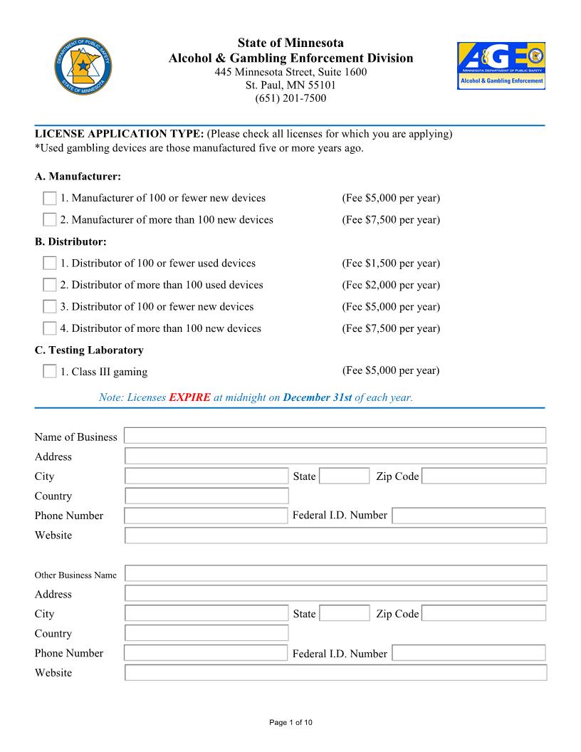 Renewal Application For Manufacturer And Or Distributor Gambling Devises | Pdf Fpdf Docx | Minnesota