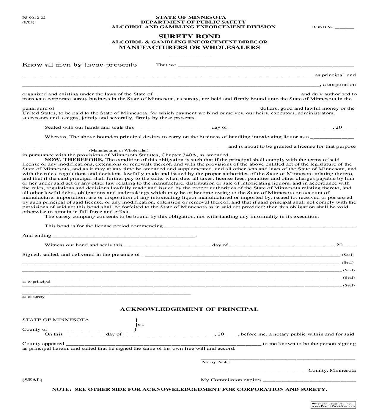Surety Bond {PS 9012-02} | Pdf Fpdf Doc Docx | Minnesota