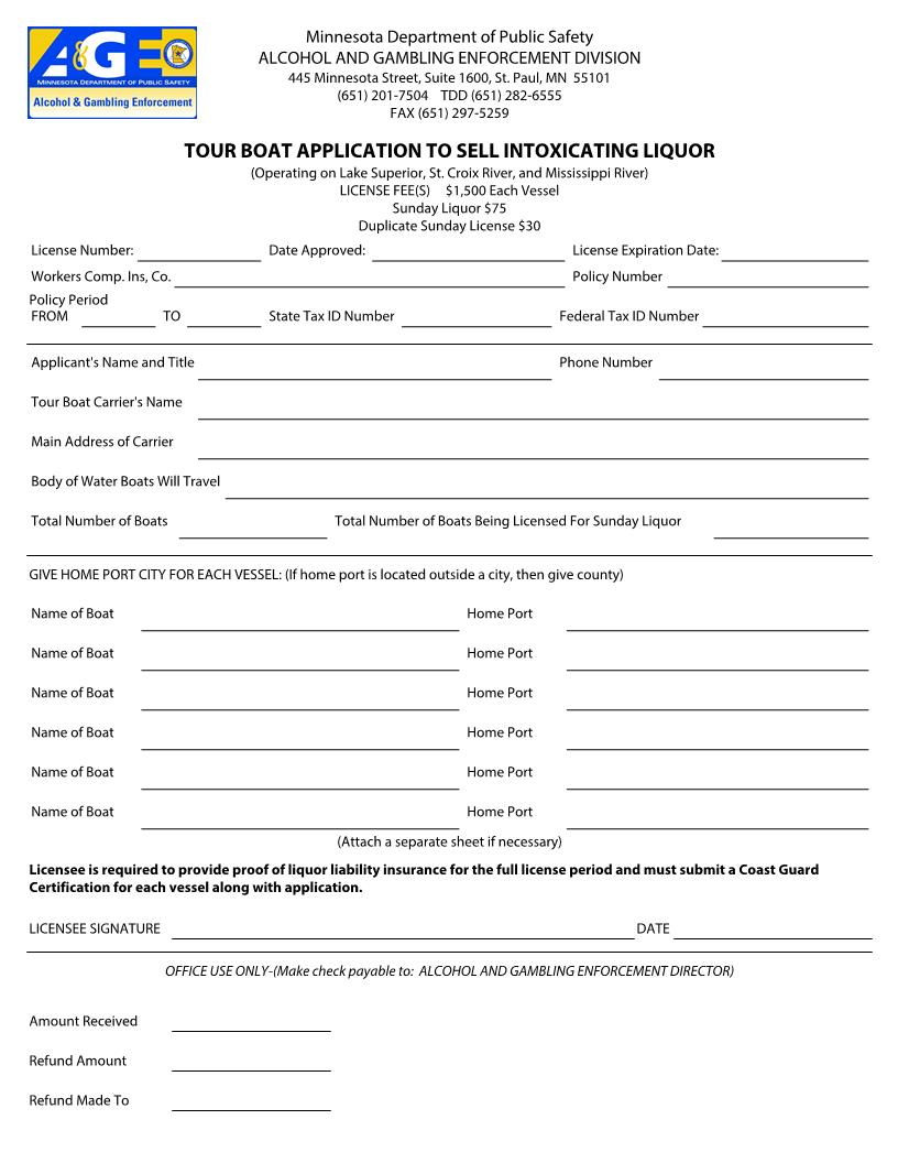 Tour Boat Application To Sell Intoxicating Liquor | Pdf Fpdf Doc Docx | Minnesota
