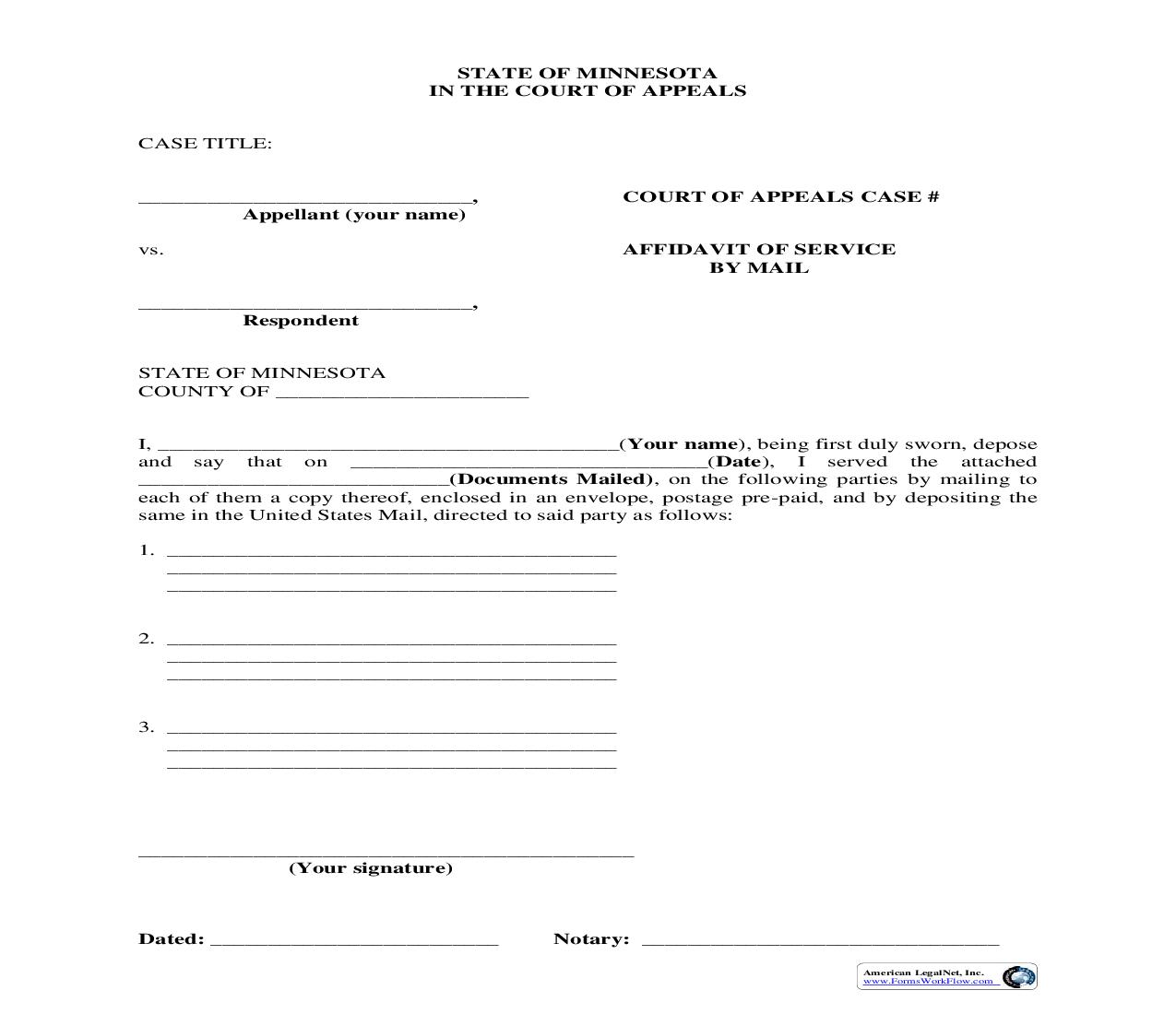 Affidavit Of Service By Mail | Pdf Fpdf Doc Docx | Minnesota