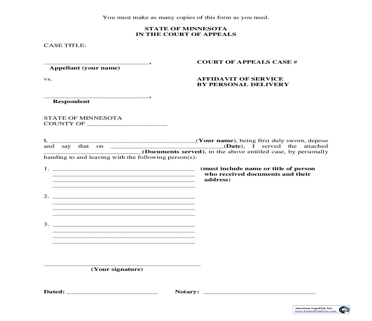 Affidavit Of Service By Personal Delivery | Pdf Fpdf Doc Docx | Minnesota