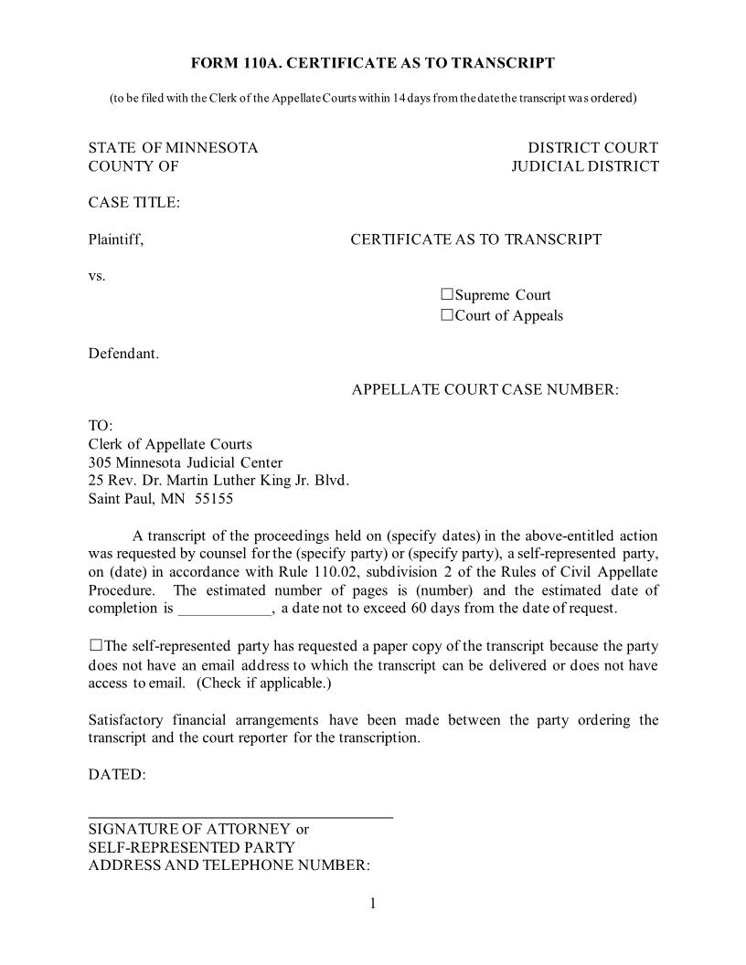 Certificate As To Transcript {110A} | Pdf Fpdf Doc Docx | Minnesota